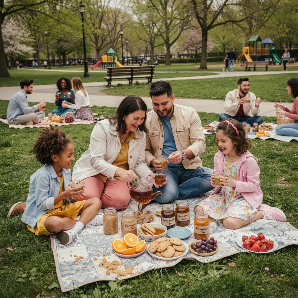 Egy pohár fenugreek tea, mellette néhány friss fenugreek mag a fakanálon.
