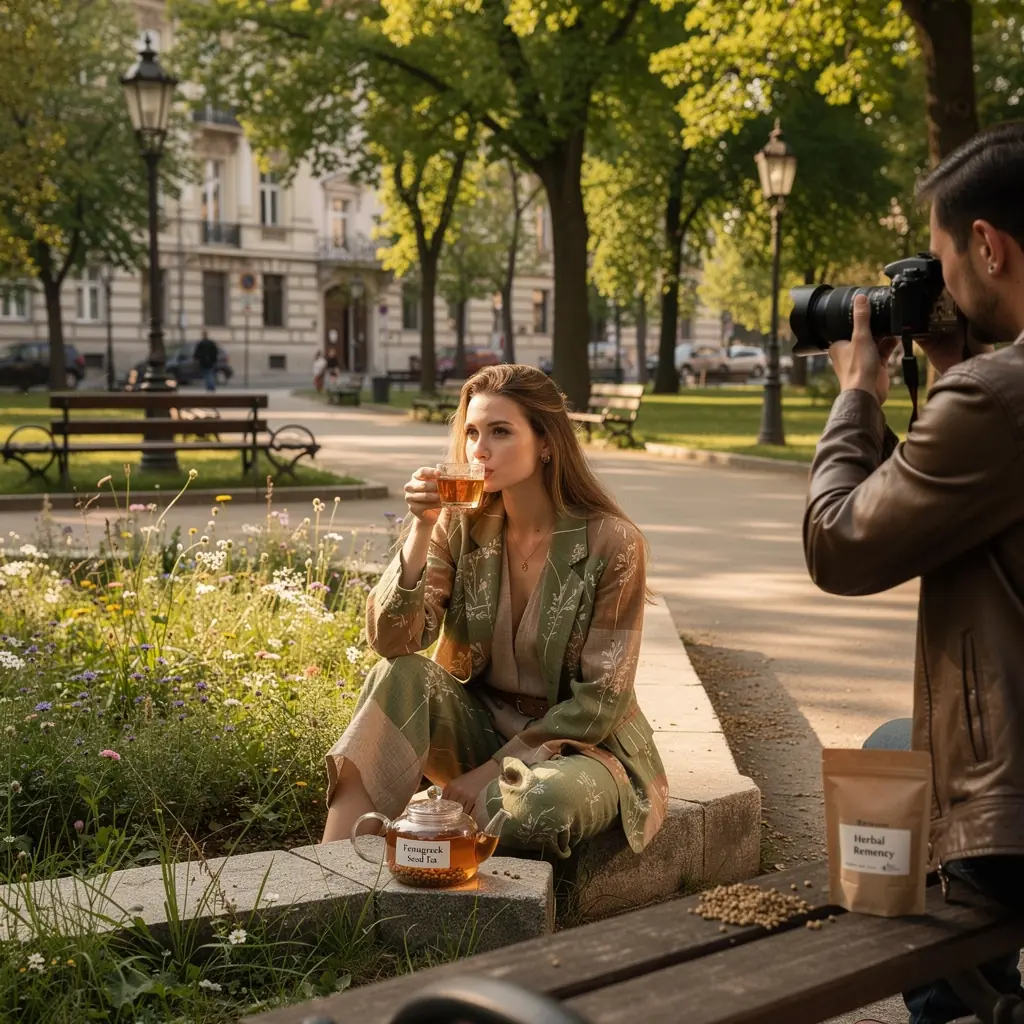 Tálcán elhelyezett fenugreek tea, mellette egy kanál méz és fahéj.