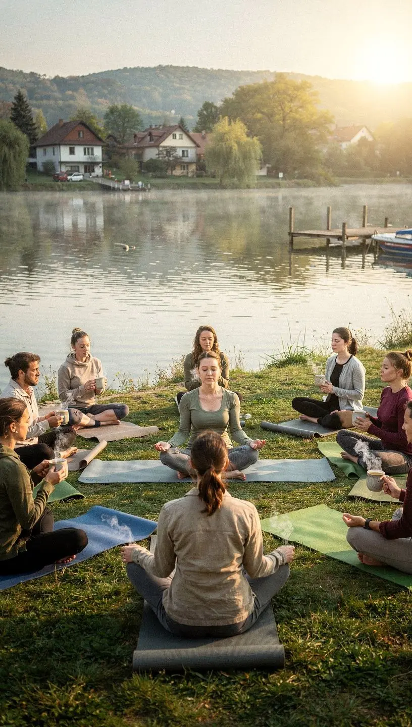 Egy csésze gőzölgő fenugreek tea, háttérben levél dekorációval.